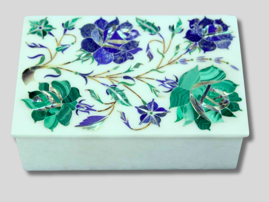 Marble Box Lapis Malachite Inlay Floral Marquetry Arts